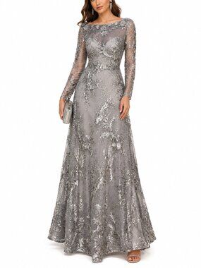 Mac Duggal Illusion Gown Floral Embroidered Silver Gray Maxi Dress